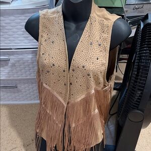 Fringed Suede Vest with Stud Details - Tan